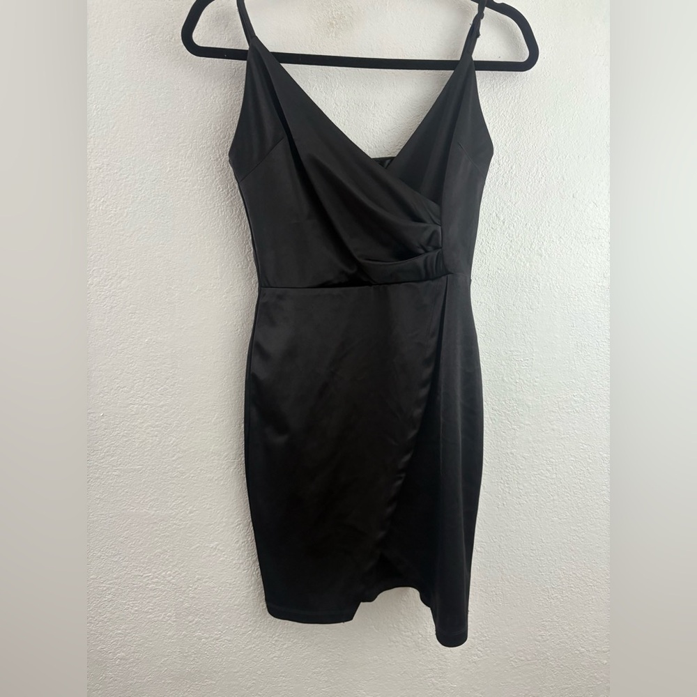 Wild Cat Stunner Black Satin Asymmetrical spaghetti straps Mini Dress size M